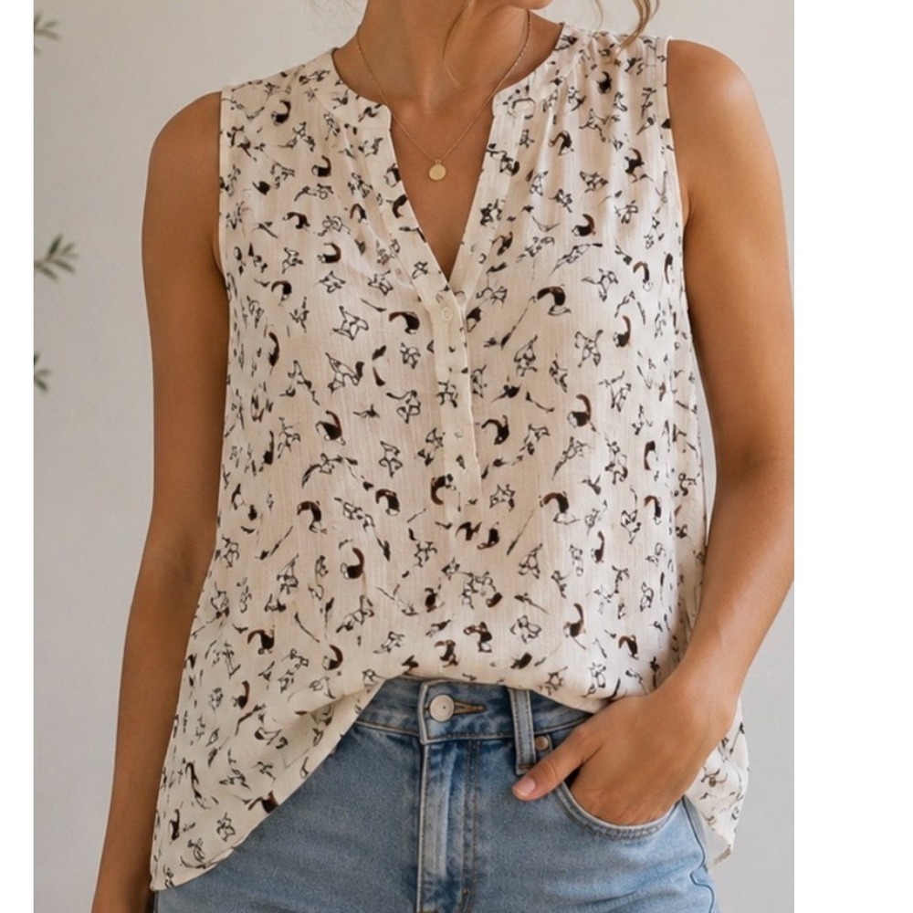 Porridge Sleeveless Top Women Sz S Cream Excellent Bird Print Mixed Media V-Neck
